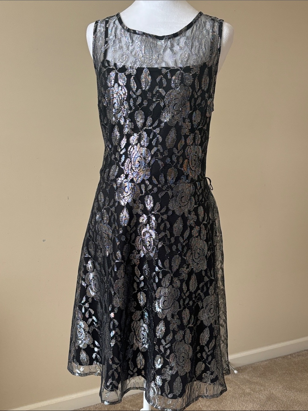Monroe & Main Black Dress with Silver Floral Lace Overlay